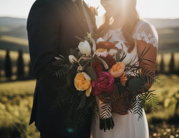 Close-up of a bride and groom embracing, holding a bouquet, against an Italian sunset