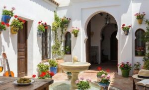 Whitewashed Andalusian Cortijo wedding venue featuring a sun-drenched courtyard decorated with vibrant bougainvillea and a rustic dinner table setup