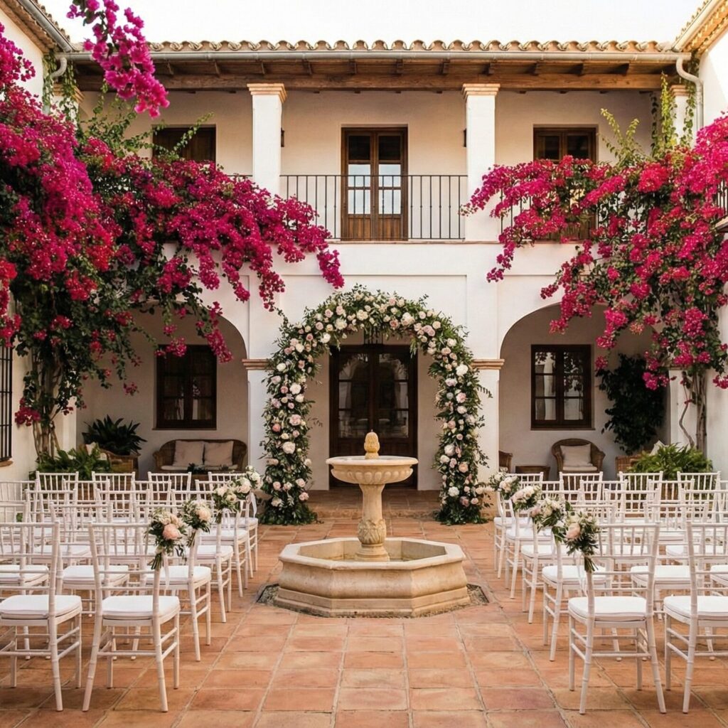 raditional Andalusian Cortijo with whitewashed walls and vibrant bougainvillea, set up for a private courtyard wedding ceremony in Seville