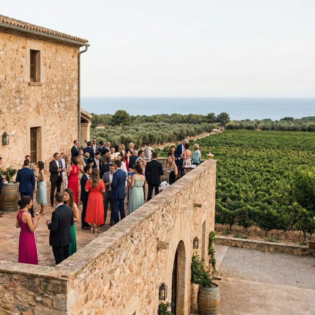Sophisticated Catalan Masia wedding venue near Barcelona showing guests enjoying cocktail hour on a stone terrace overlooking vineyards.
