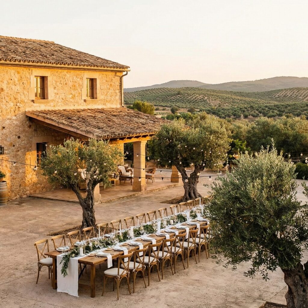 Rustic stone Finca wedding venue in Mallorca featuring long wooden tables set for dinner under ancient olive trees during golden hour.