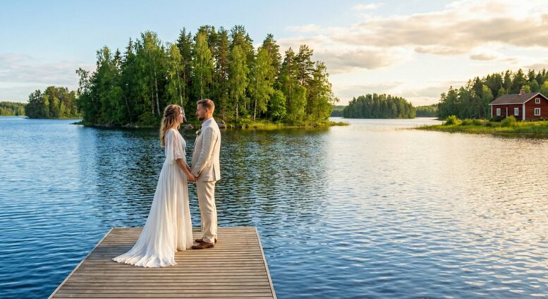 A wedding couple stands on a wooden pier surrounded by calm lake waters and forested islands of the Finnish Lakeland region during a golden summer sunset