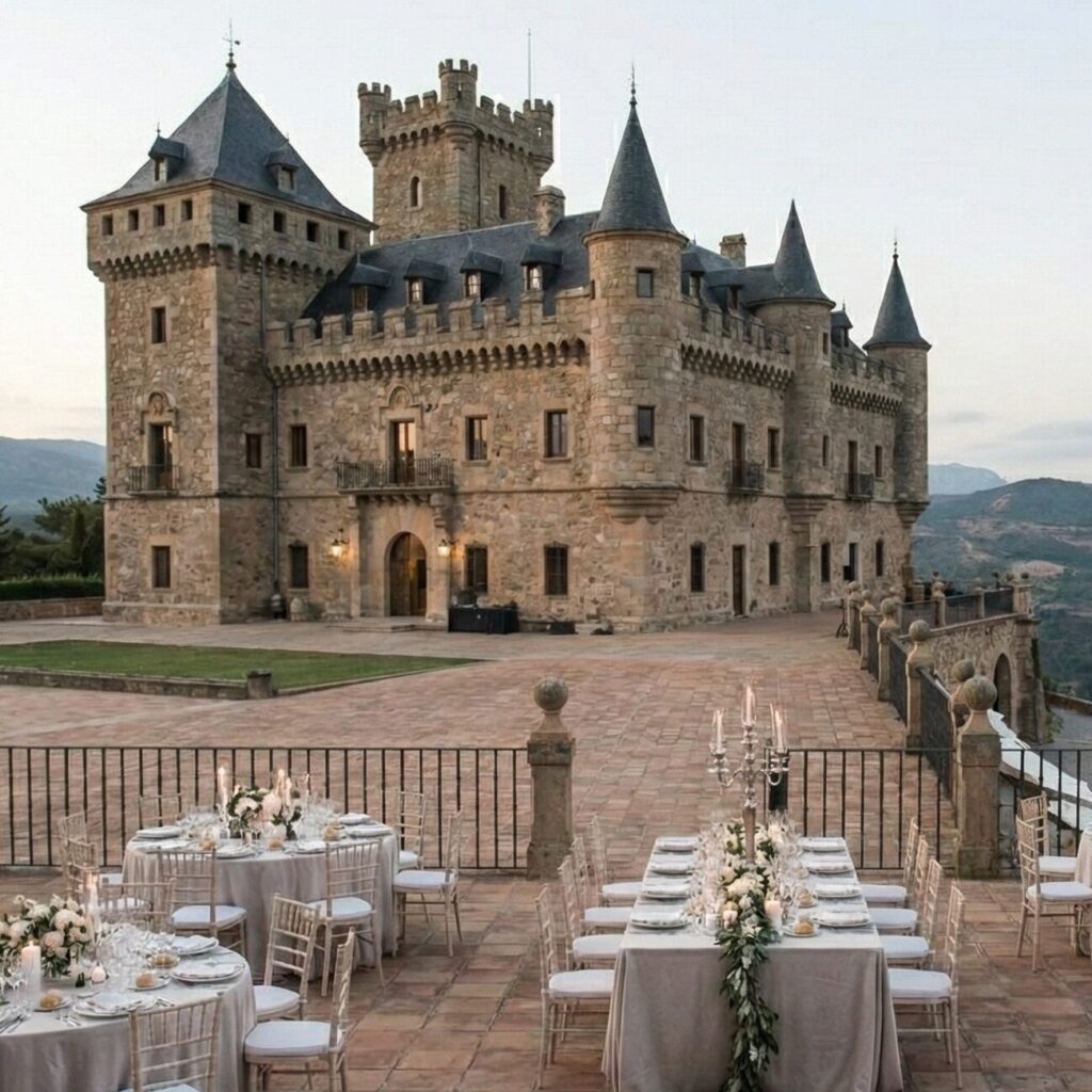 Historic Spanish Castle wedding venue featuring a luxury banquet table set on a high terrace with panoramic mountain views for a fairytale reception