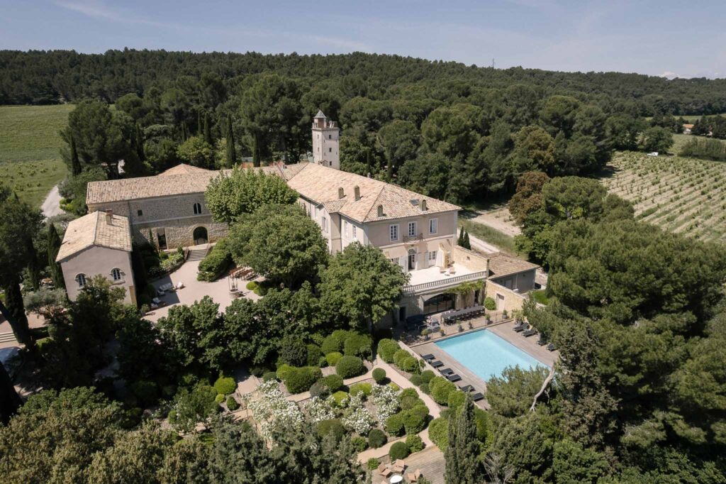 Tour-Vaucros-S.Rached-aerial-shot-chateau-venue-pool-trees
